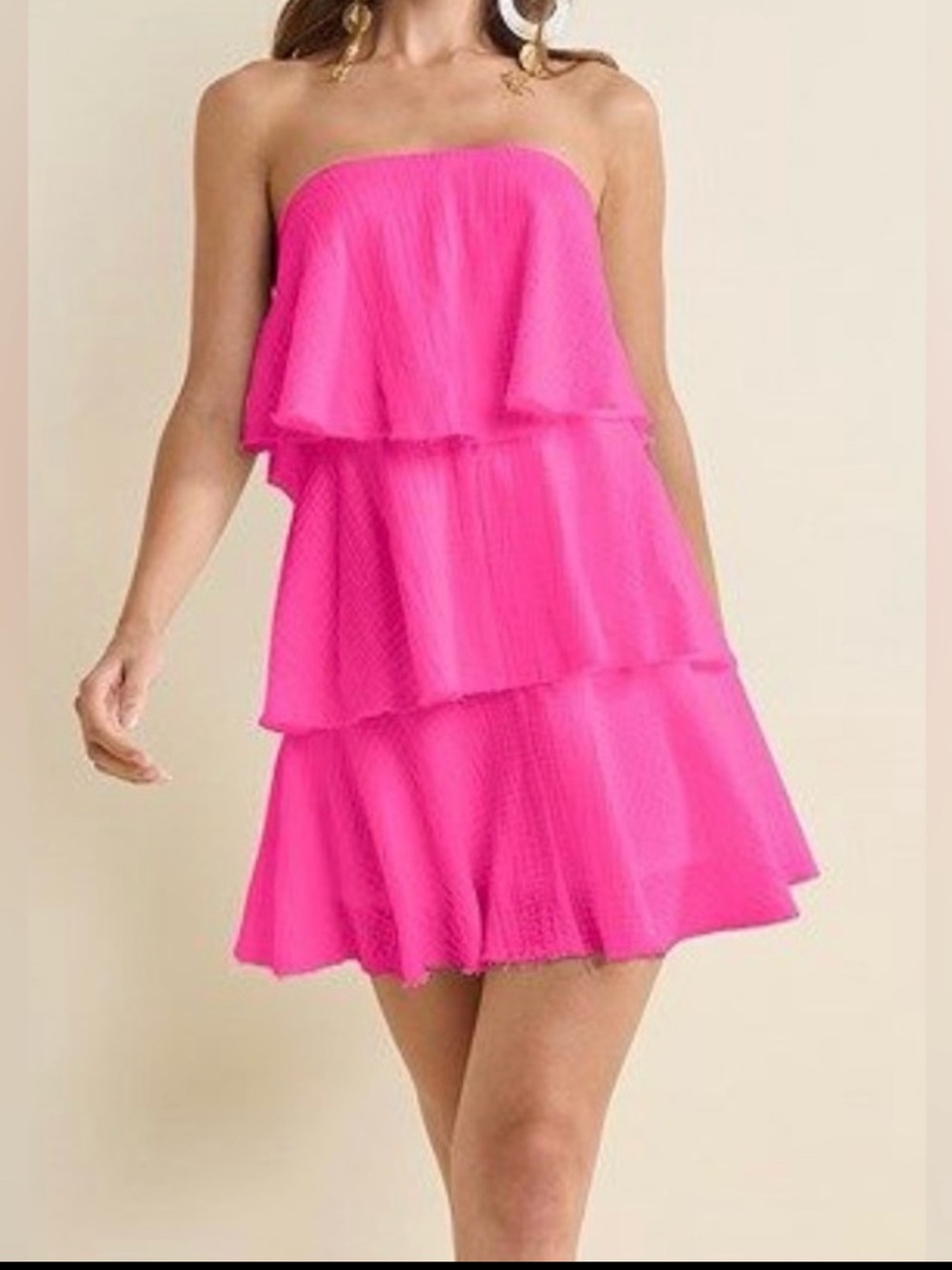 BOGO FREE-VENUS Bright Pink Ruffled Mini Dress With Raw Edges- NWOT- Size Medium